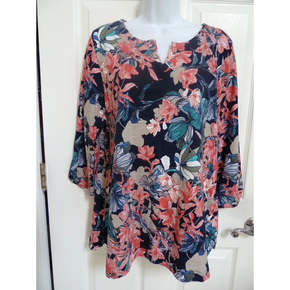 Chicos Sz 2 Large 12/14 Tunic Top Pullover Floral Colorful V-Neck 3/4 Sleeve